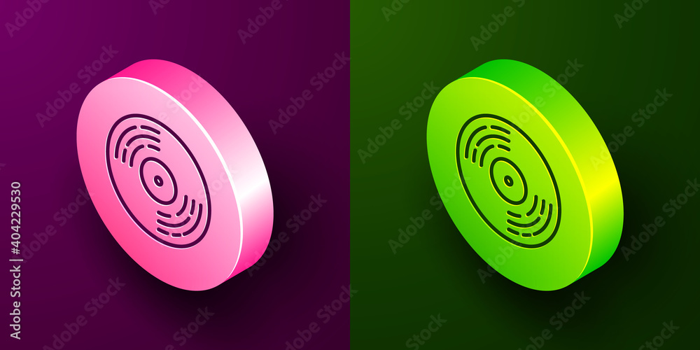 Isometric line Vinyl disk icon isolated on purple and green background. Circle button. Vector. Isometric line Vinyl disk icon isolated on purple and green background. Circle button. Vector.