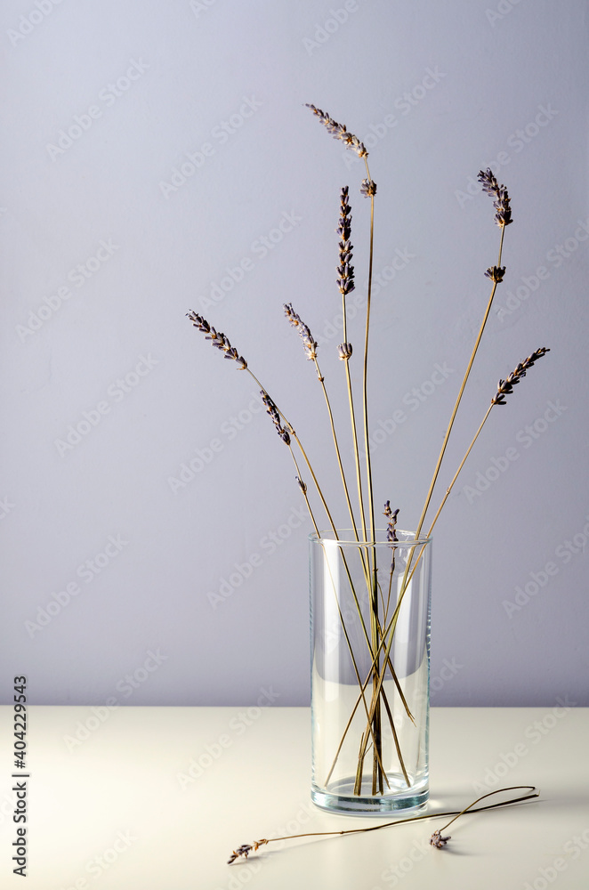 Dried purple lavender on table. Empty place for text,