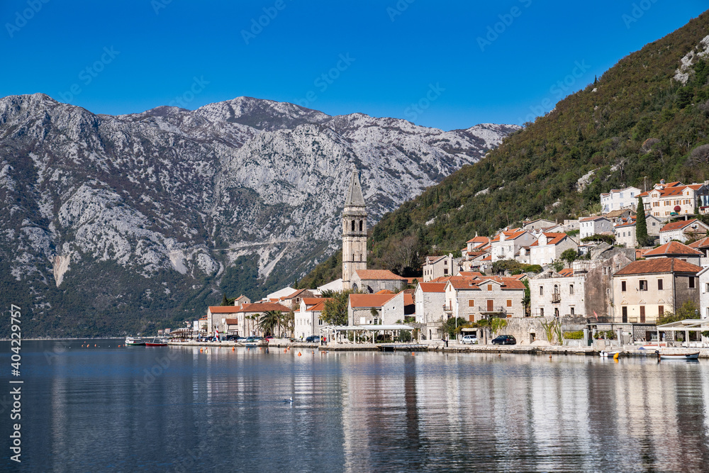 Old tower and houses of the city of Perast, Montenegro
