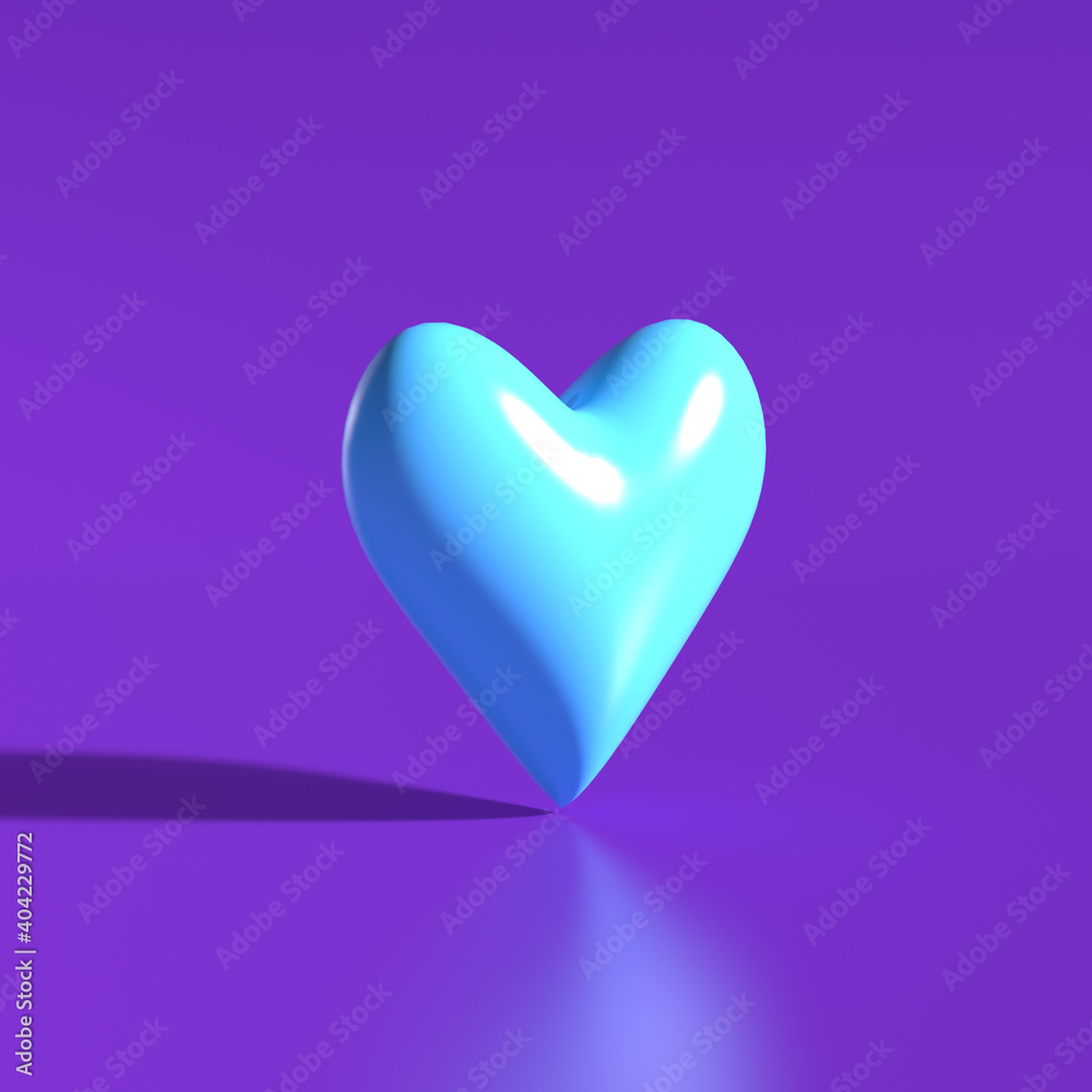 3d render of smooth blue plastic heart with shadow on purple background in minimalistic style. Design concept of Valentine's Day. 3d render of smooth blue plastic heart with shadow on purple background in minimalistic style. Design concept of Valentine's Day.