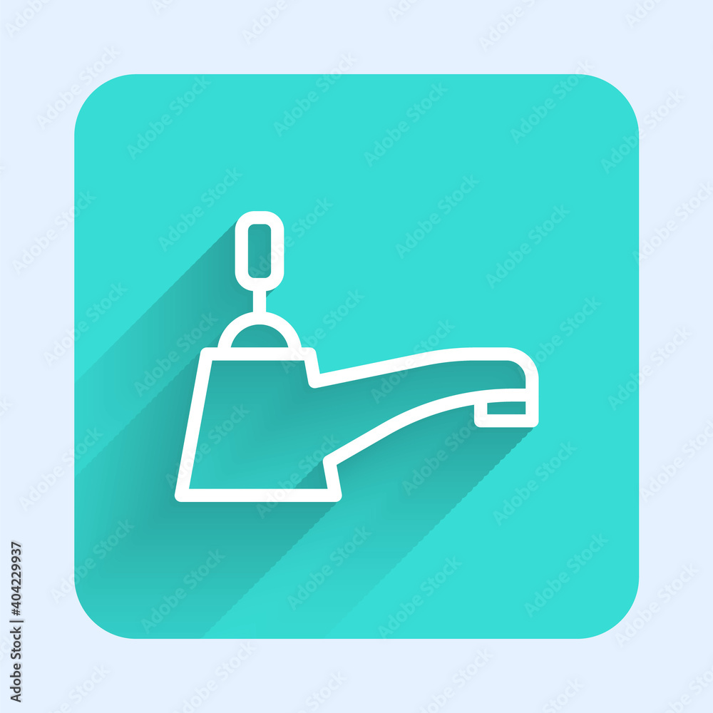 White line Water tap icon isolated with long shadow. Green square button. Vector.