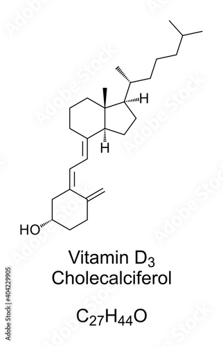 Vitamin D3, cholecalciferol, chemical structure and skeletal formula. Made by skin in sunlight, found in some food. Dietary supplement to treat and prevent vitamin D deficiency. Illustration. Vector.
