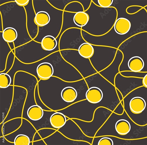 Festive garland, light bulbs, seamless pattern, gray. Yellow round lamps on a gray background. Color, flat decor. Vector.  