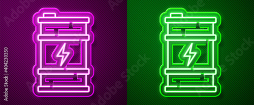 Glowing neon line Bio fuel barrel icon isolated on purple and green background. Eco bio and canister. Green environment and recycle. Vector.