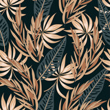 Tropical seamless pattern with bright exotic plants and leaves on a dark background. Seamless pattern with colorful leaves and plants. Colorful stylish floral.
