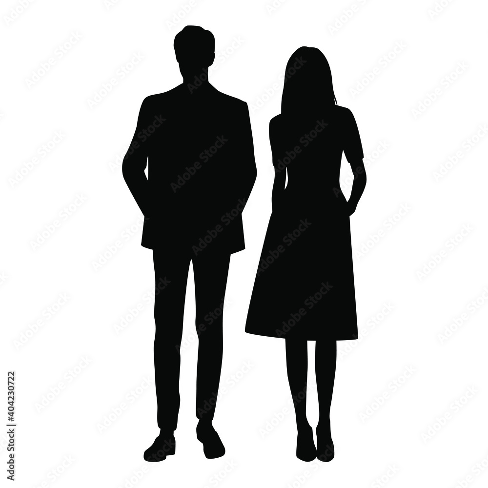 Vector silhouettes of  man and a woman, a couple of standing  business people, black  color isolated on white background