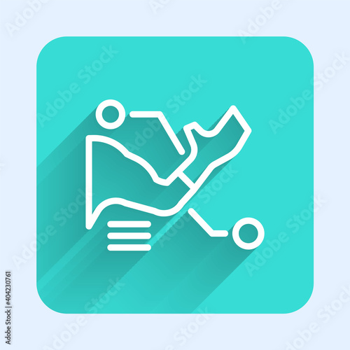 White line Prosthesis hand icon isolated with long shadow. Futuristic concept of bionic arm, robotic mechanical hand. Green square button. Vector.