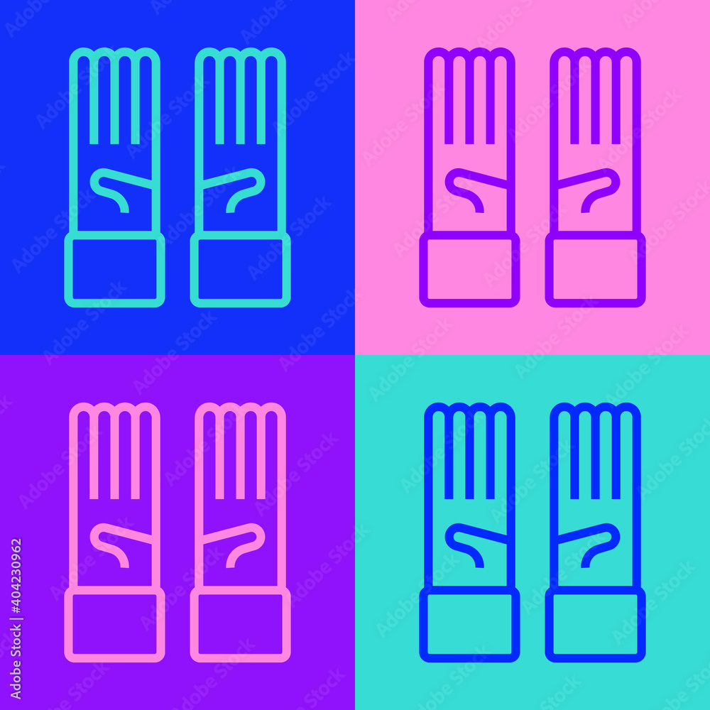 Fototapeta premium Pop art line Medical rubber gloves icon isolated on color background. Protective rubber gloves. Vector.