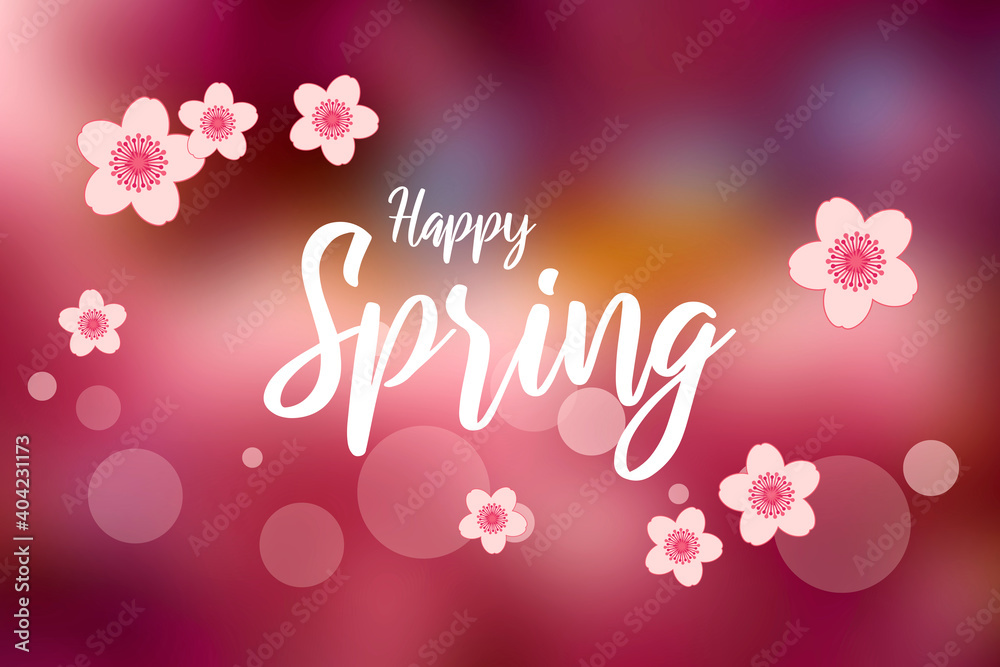Happy Spring greeting card with pink cherry blossom flowers stock images. Spring floral background with pink sakura flowers. Happy Spring inscription images