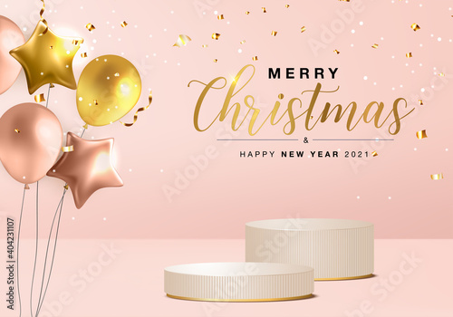 merry christmas and happy new year 2021 rendered scene 3d with balloon and podium platform. Christmas ribbon balloon on pink background 3d rendering with gold podium. Christmas 3d stand show product