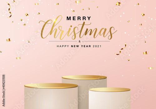 merry christmas and happy new year 2021 rendered scene 3d with balloon and podium platform. Christmas ribbon balloon on pink background 3d rendering with gold podium. Christmas 3d stand show product
