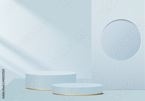 Cylinder 3d Background minimal scene with geometric platform. Background 3d vector rendering with podium. Cylinder show cosmetic product. podium showcase on pedestal modern 3d studio blue Background