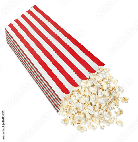 Popcorn box in red and white striped cardboard bucket isolated on white background including clipping path