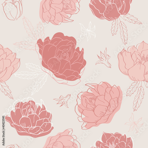 Modern seamless pattern with wild peonies and leaves. Floral backgrounds for textile, fabric manufacturing, wallpaper, covers, surface, print, gift wrap, scrapbooking. Vector.