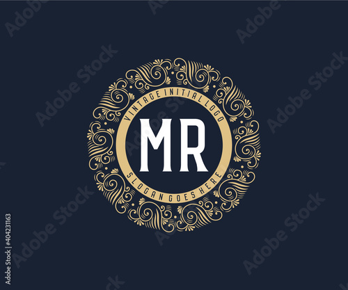Initial MR Antique retro luxury victorian calligraphic emblem logo with ornamental frame.