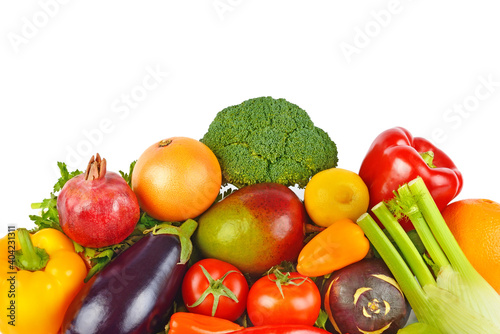 Set vegetables and fruits on white background.