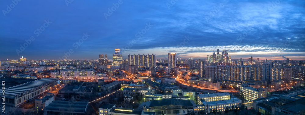  The panoramic view of the big city lights. Amazing view of twilight and sunset horizon.