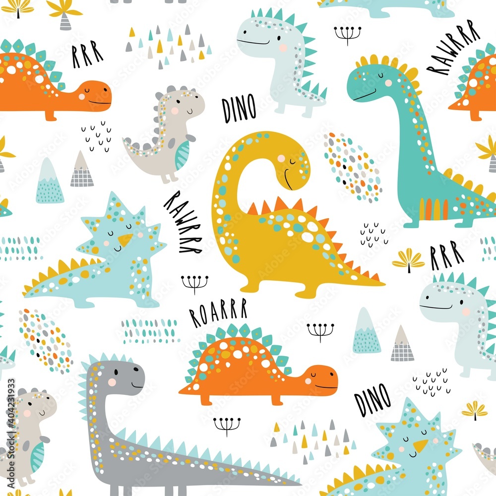 Plakat Ładny zabawny wzór dinozaurów dla dzieci. Kolorowe dinozaury tło wektor. Kreatywne tekstury dla dzieci do tkanin, opakowań, tekstyliów, tapet, odzieży. Ilustracja wektorowa