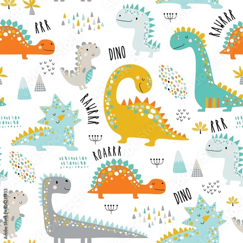 Fototapeta Naklejka Na Ścianę i Meble -  Cute funny kids dinosaurs pattern. Colorful dinosaurs vector background. Creative kids texture for fabric, wrapping, textile, wallpaper, apparel. Vector illustration