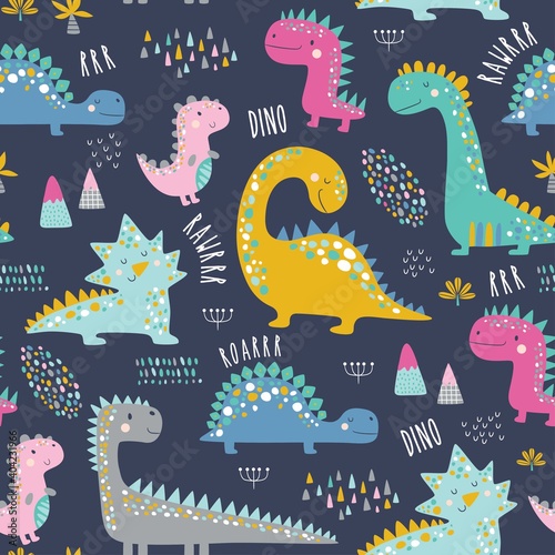 Cute funny kids dinosaurs pattern. Colorful dinosaurs vector background. Creative kids texture for fabric  wrapping  textile  wallpaper  apparel. Vector illustration