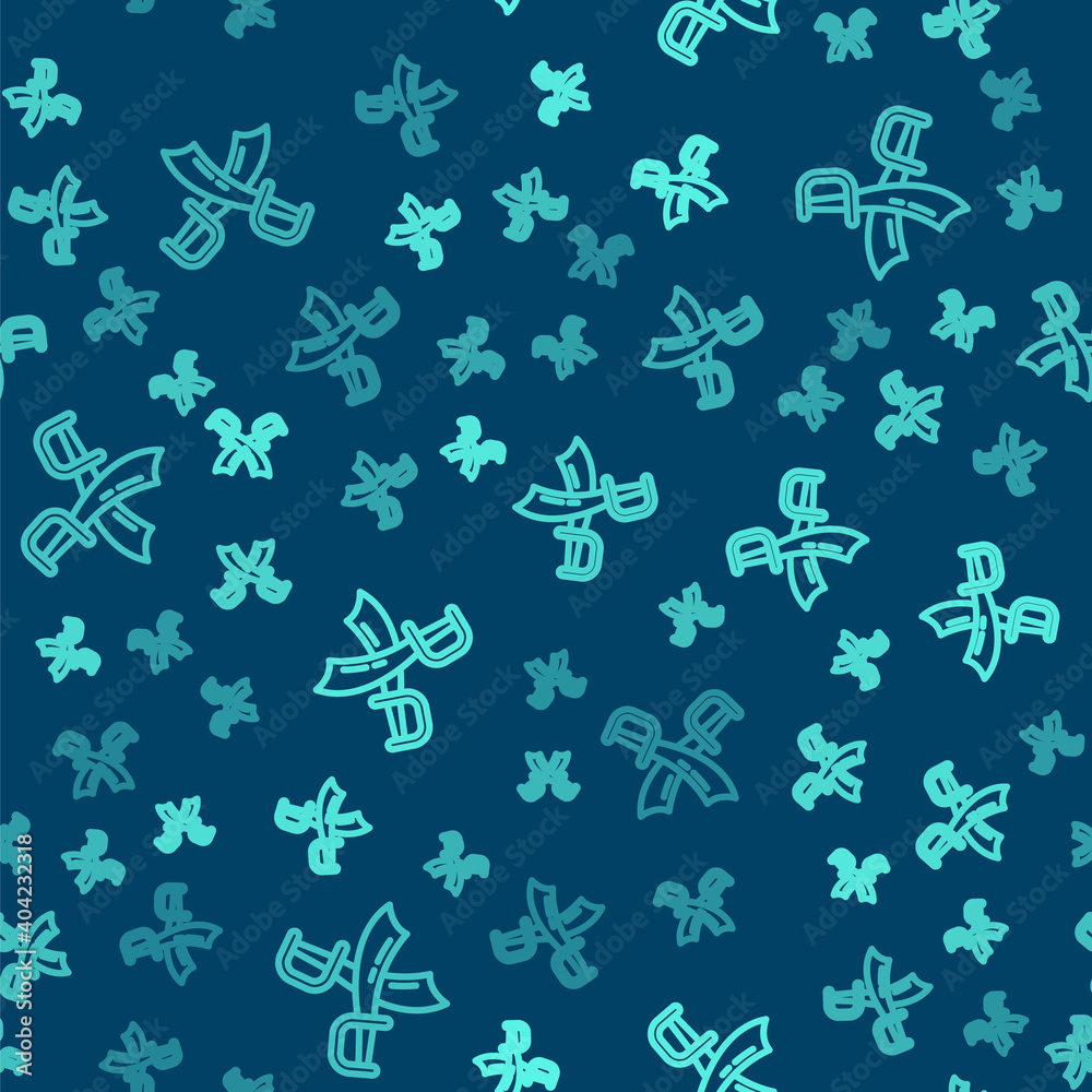 Green line Crossed pirate swords icon isolated seamless pattern on blue background. Sabre sign. Vector. Green line Crossed pirate swords icon isolated seamless pattern on blue background. Sabre sign. Vector.