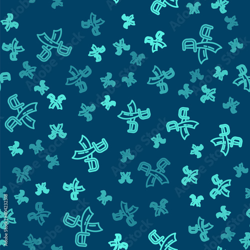 Green line Crossed pirate swords icon isolated seamless pattern on blue background. Sabre sign. Vector.