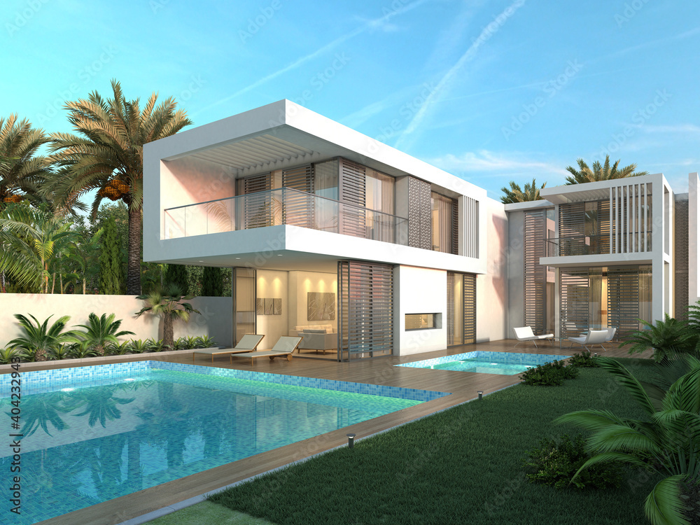 3d render. Modern exterior house scene with swimming pool.