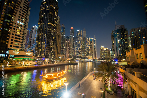 UAE  Dubai - December  2020  Dubai Marina illuminated at night. United Arab Emirates