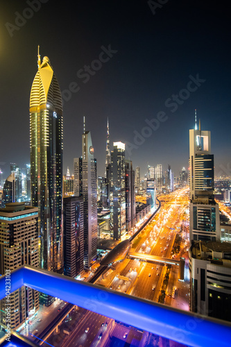 UAE, Dubai - December, 2020: View of Sheikh Zayed Road skyscrapers in Dubai, UAE. More than 25 skyscrapers can be found here.