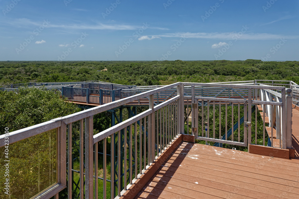 The Observation Deck overlooking the wetlands of the Aransas national Wildlife Refuge near to Rockport, deserted on a hot Summers day.