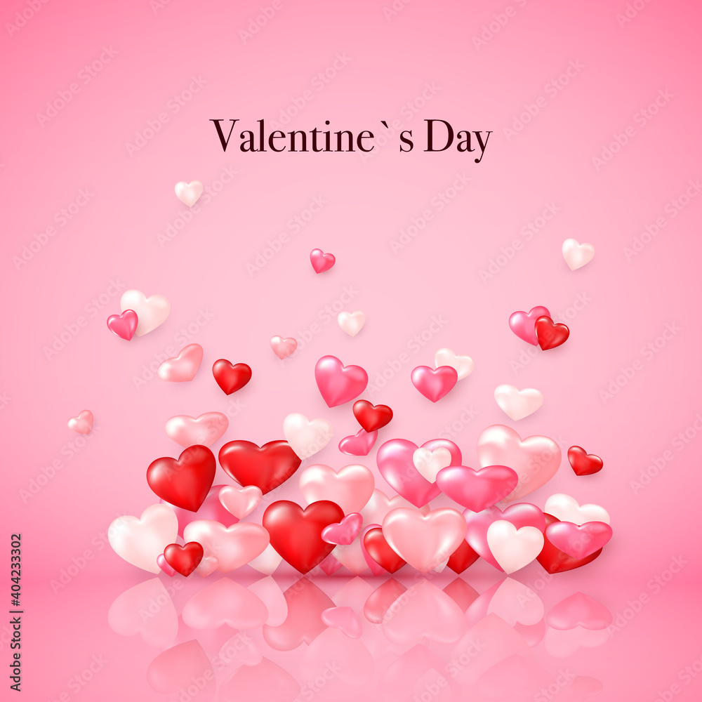 Groupe of glossy red hearts with reflection. Valentines day decoration element. Vector illustration on pink background