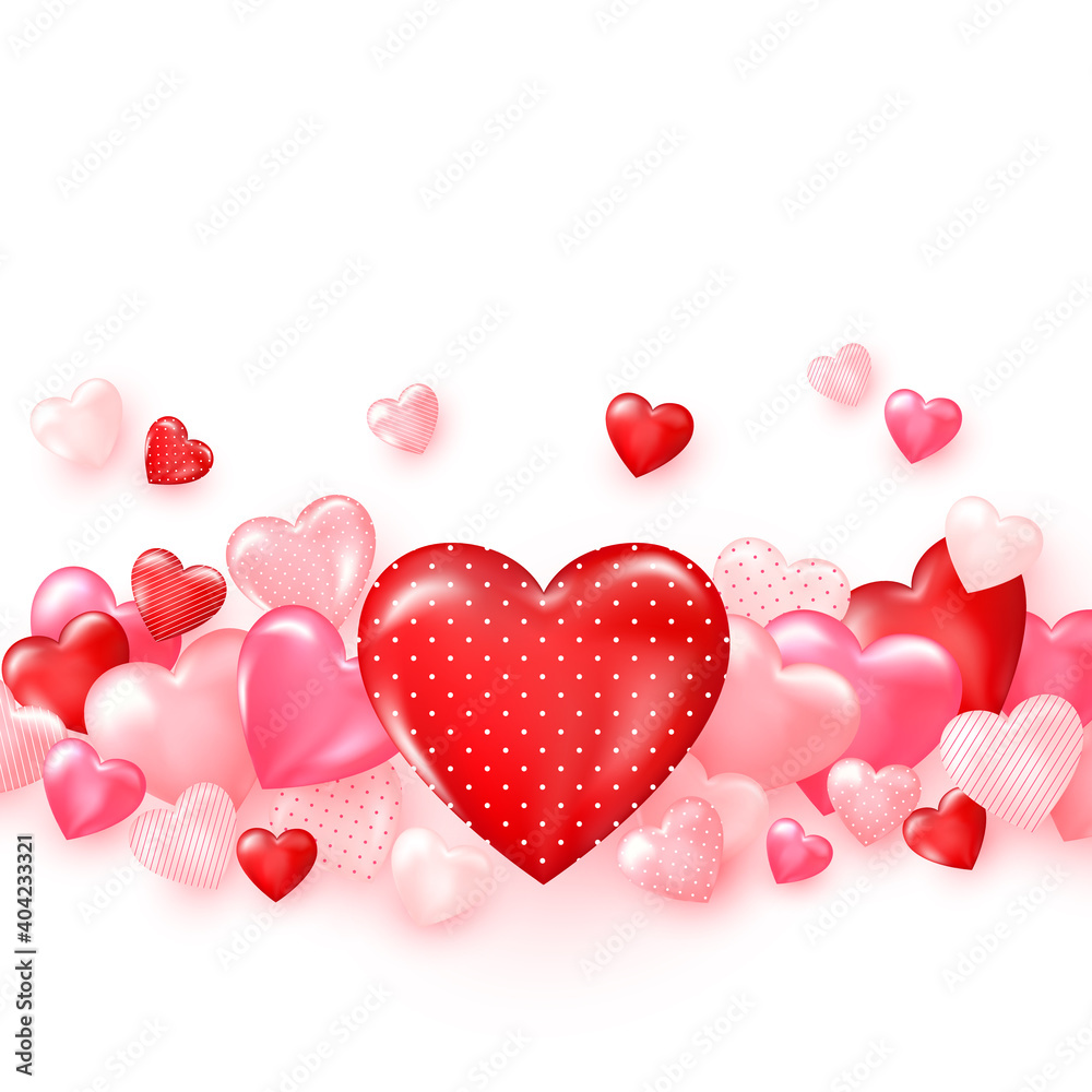 Groupe of glossy red hearts. Bright Valentine`s day background. Vector