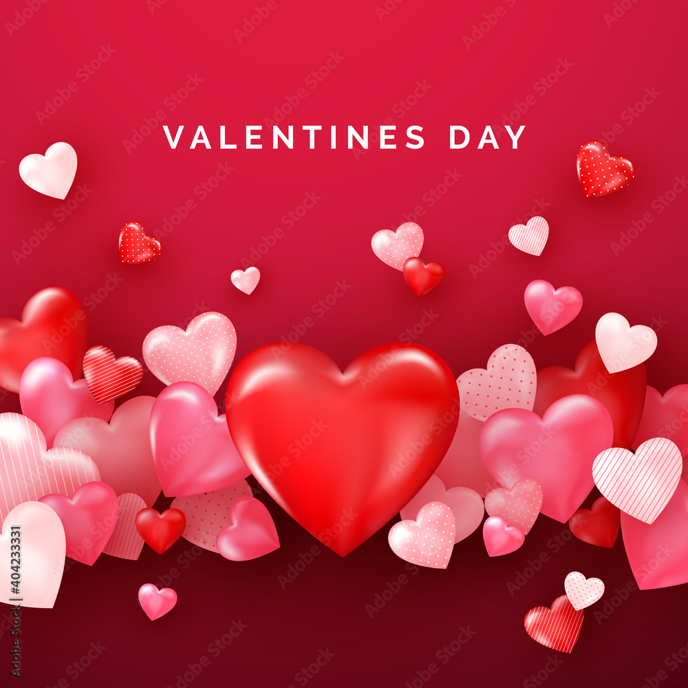 Valentines card with red shiny hearts. Bright Valentine`s day background. Vector
