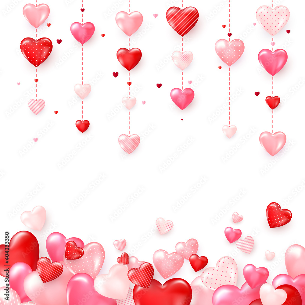 Vertical colorful heart garlands. Valentines Day romantic background. Vector illustration isolated on white