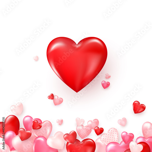 Valentines card with red shiny hearts. Bright Valentine`s day background. Vector illustration