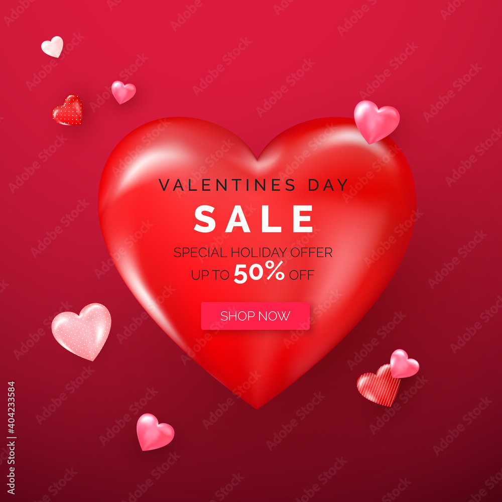 Valentines day holiday offer on big red heart. Web banner with red and pink hearts. Vector