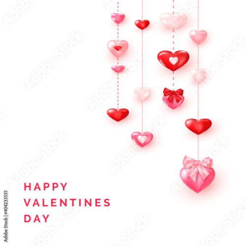 Valentine`s day greeting card template. Valentine card ornate shiny red and pink hearts. Vector