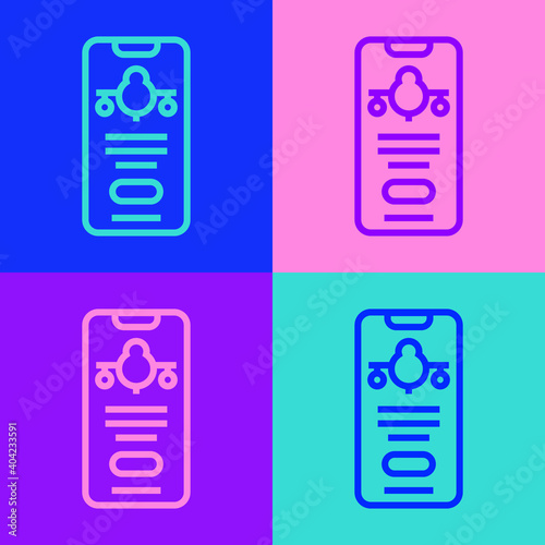 Pop art line Smartphone with electronic boarding pass airline ticket icon isolated on color background. Passenger plane mobile ticket for web and app. Vector.