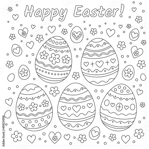 Photography Happy Easter background with patterned eggs, flowers and hearts for coloring book page, antistress book
