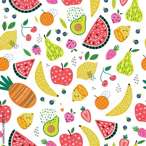 Colorful Vector Seamless Pattern with Cartoon Doodle Cute Fruits and Berries with abstract patterns. Summer Fruit Food Childish Background