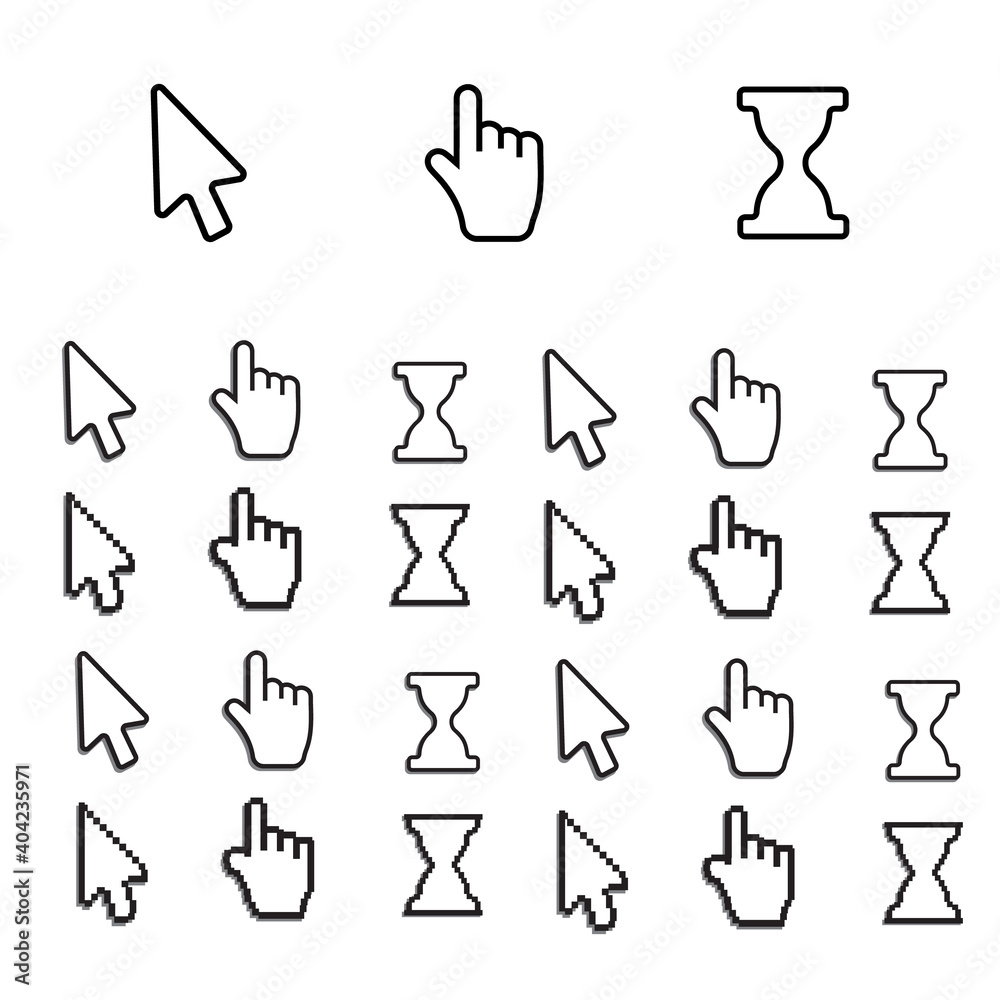 Pixel cursors icons. Mouse computer cursor. Hand arrow web cursor vector Pixel cursors icons. Mouse computer cursor. Hand arrow web cursor vector