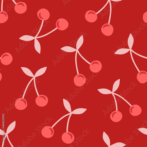 Sweet cherry seamless pattern. Berry coupled on dark red background. Cute rockabilly retro summer fashion design Vector illustration