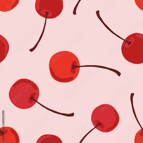 Sweet cherry seamless pattern. Red berry on pink background. Cute feminine summer fashion design Vector illustration