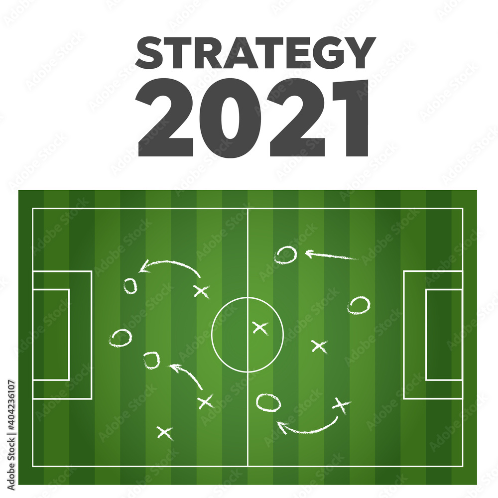 Soccer game. Football field and players. Strategy and teamwork chalkboard