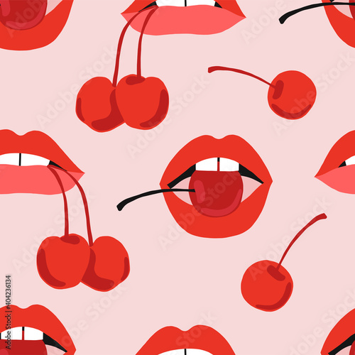 Sweet cherry and sexy woman lips seamless pattern French lipstick makeup mouth eating red berry background Valentines Day love design Vector illustration
