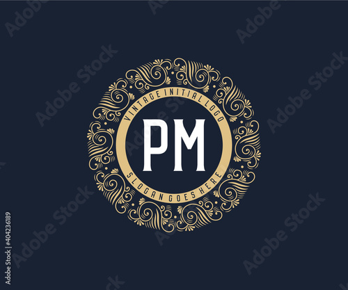 Initial PM Antique retro luxury victorian calligraphic emblem logo with ornamental frame.