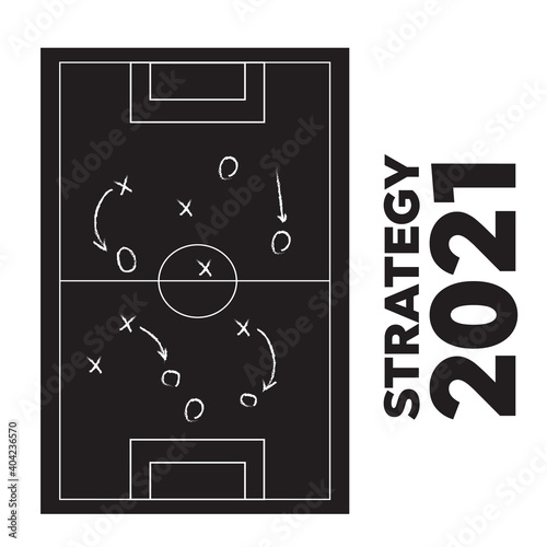 Blackboard showing a schematic game plan for football. Football or soccer game strategy plan