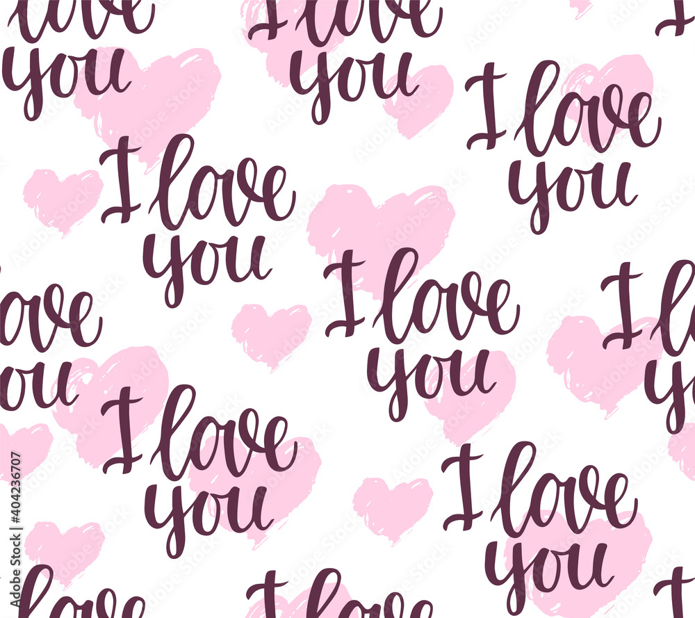 Seamless pattern with the phrase I love you and hearts on a white background. Vector background.