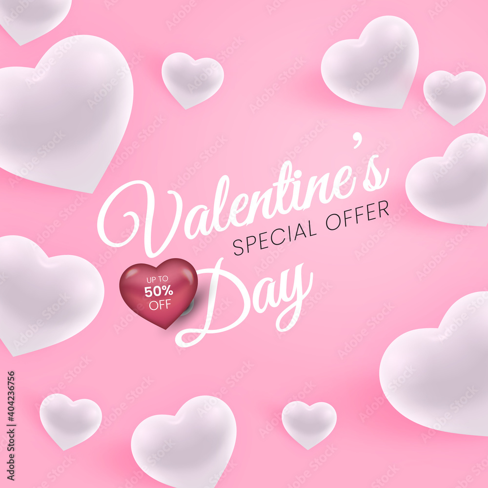 Promo Web Banner for Valentine's Day Sale. Pink Background color. Glossy heart shapes. Vector Illustration with Seasonal Offer.