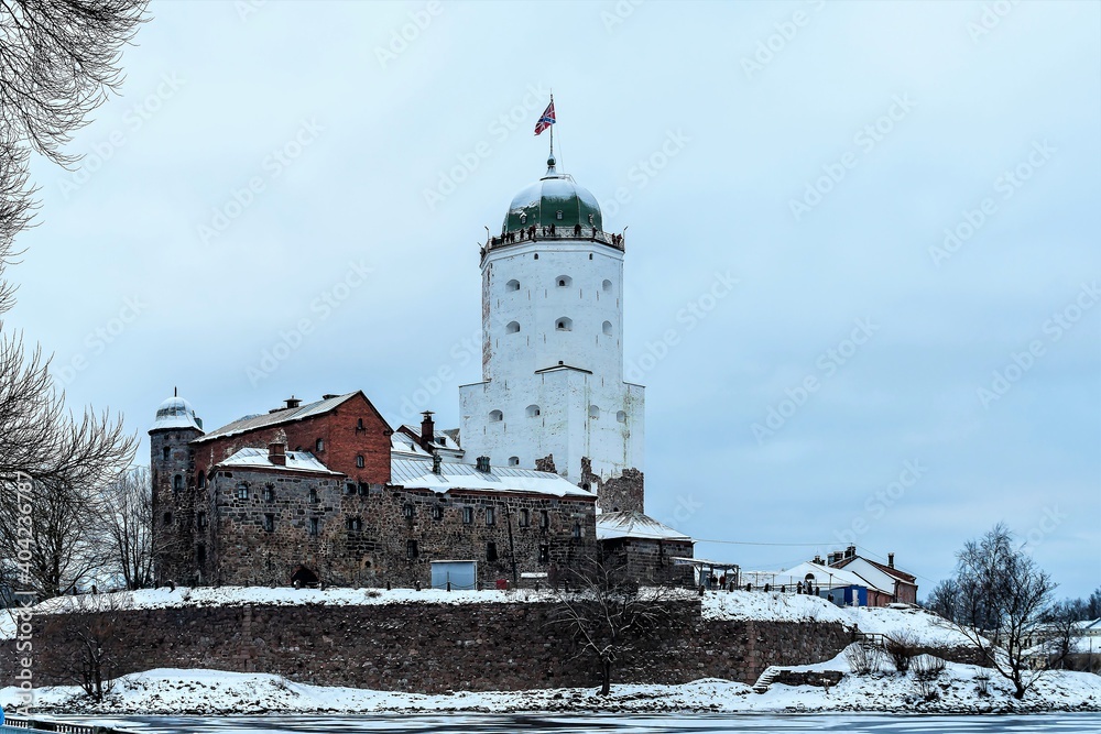 Russia, Vyborg, January 2021. View of the Old Swedish castle in winter.